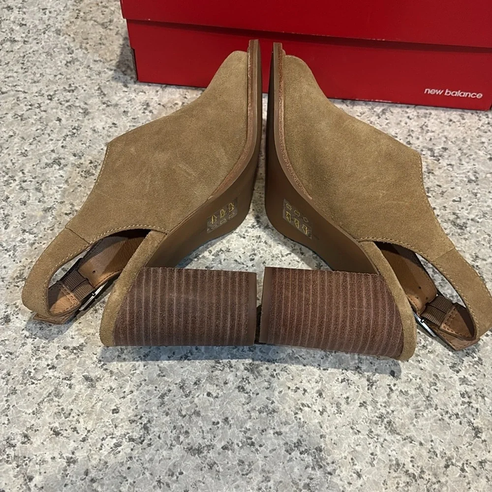 Madewell Suede Slingback Cary Block Tan Peep Toe Heels Sz 8 - Picture 6 of 15